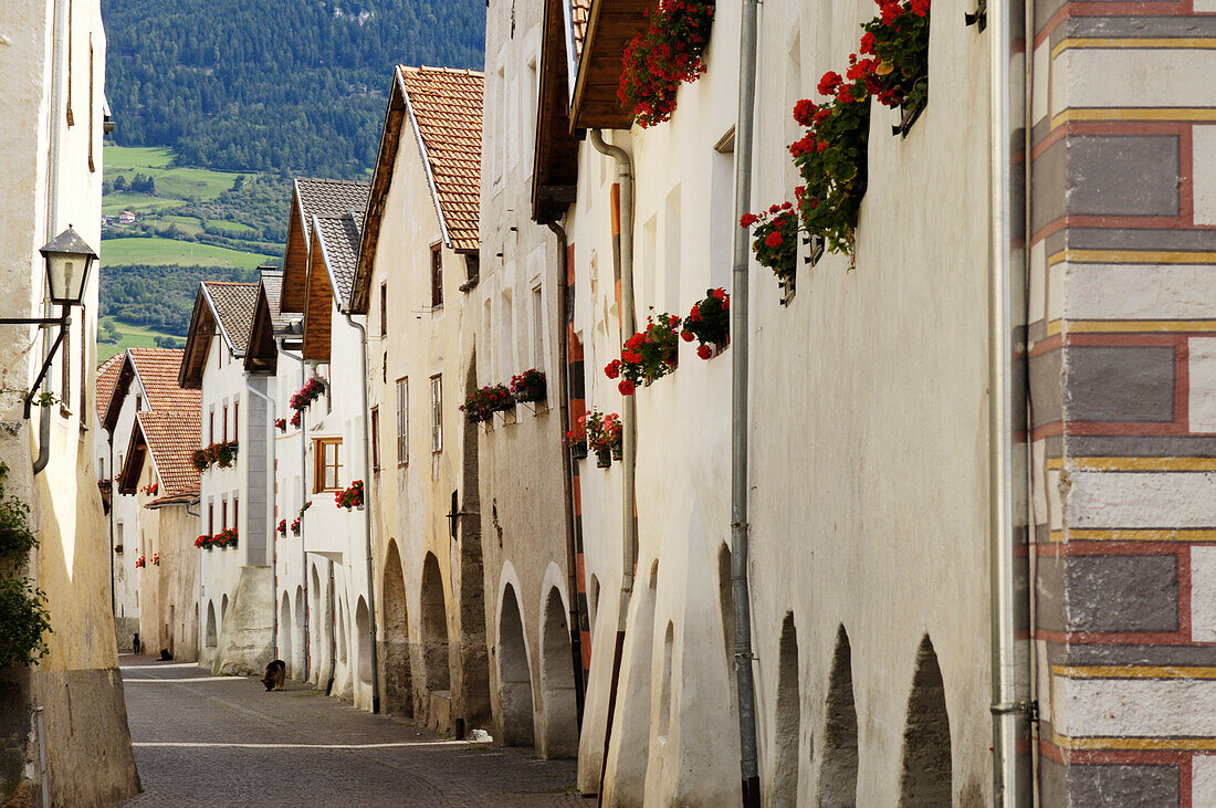 Eine Gasse und Häuser in der Altstadt, Glurns, Vinschgau, Südtirol, Italien, Europa