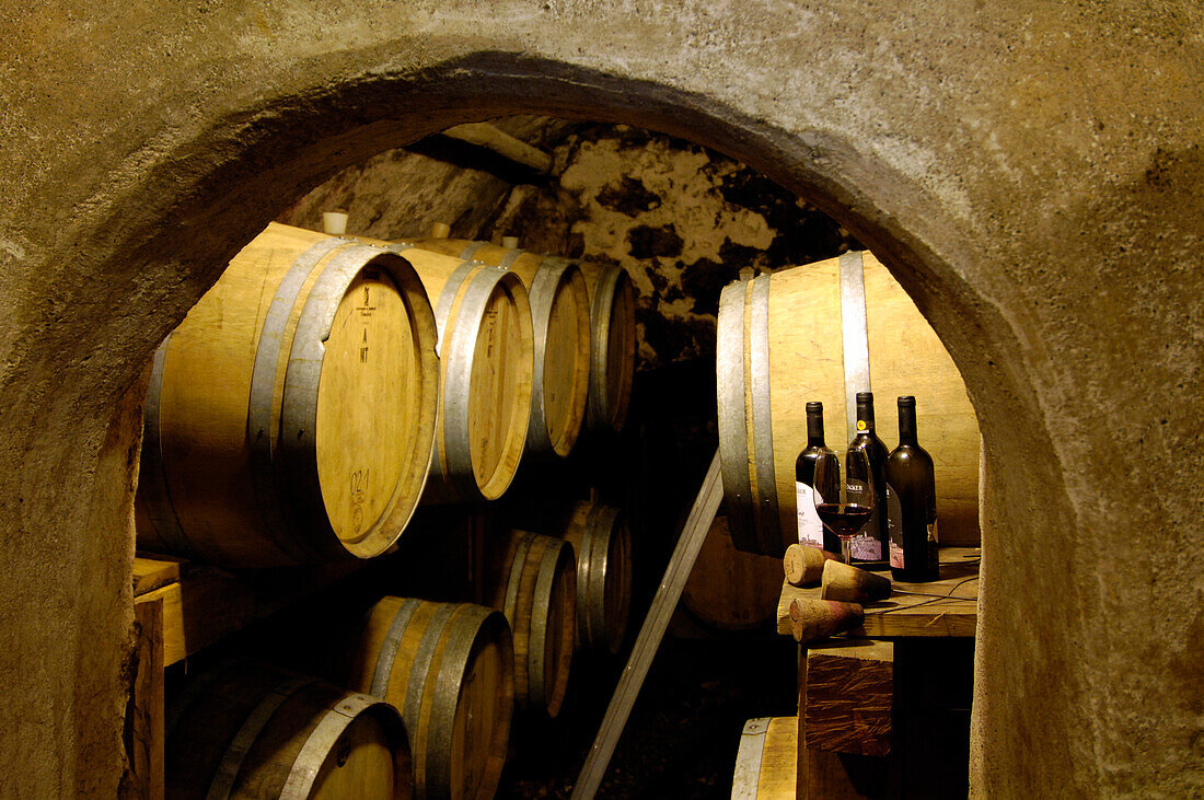 Blick auf Weinfässer und Flaschen in einem Weinkeller, Südtirol, Italien, Europa