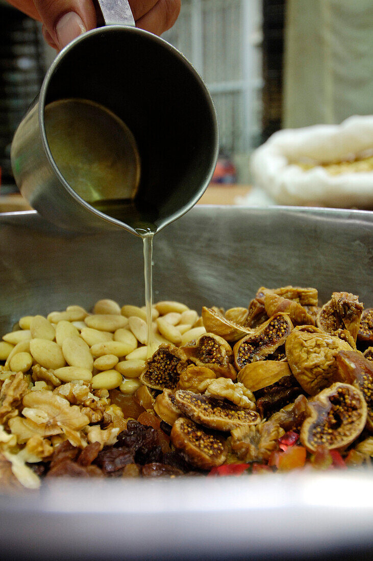 Christmas baking, dried figs and nuts in a bowl, South Tyrol, Italy, Europe