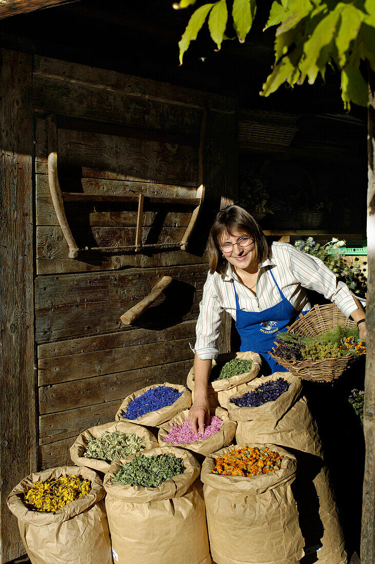 A smiling woman and sacks of medicinal herbs in front of an alpine hut in the sunlight, Siusi, Valle Isarco, South Tyrol, Italy, Europe
