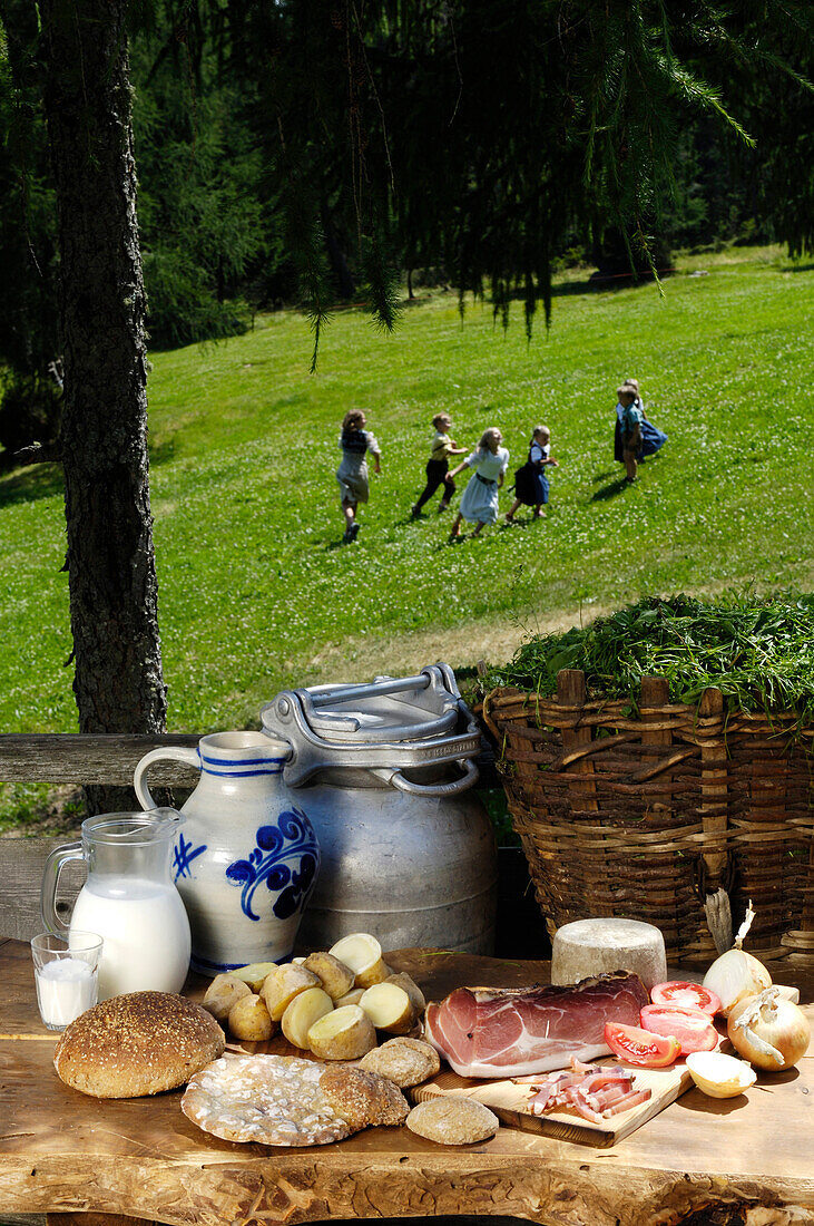 Picnic with South Tyrolean ham, bread and potatoes, Alpine meadow, Children playing in the background, Farm holidays, Agriculture, South Tyrol, Italy