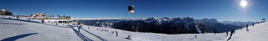 Panorama of Kronplatz, Skiing area with lifts and gondola, Puster Valley, South Tyrol, Italy