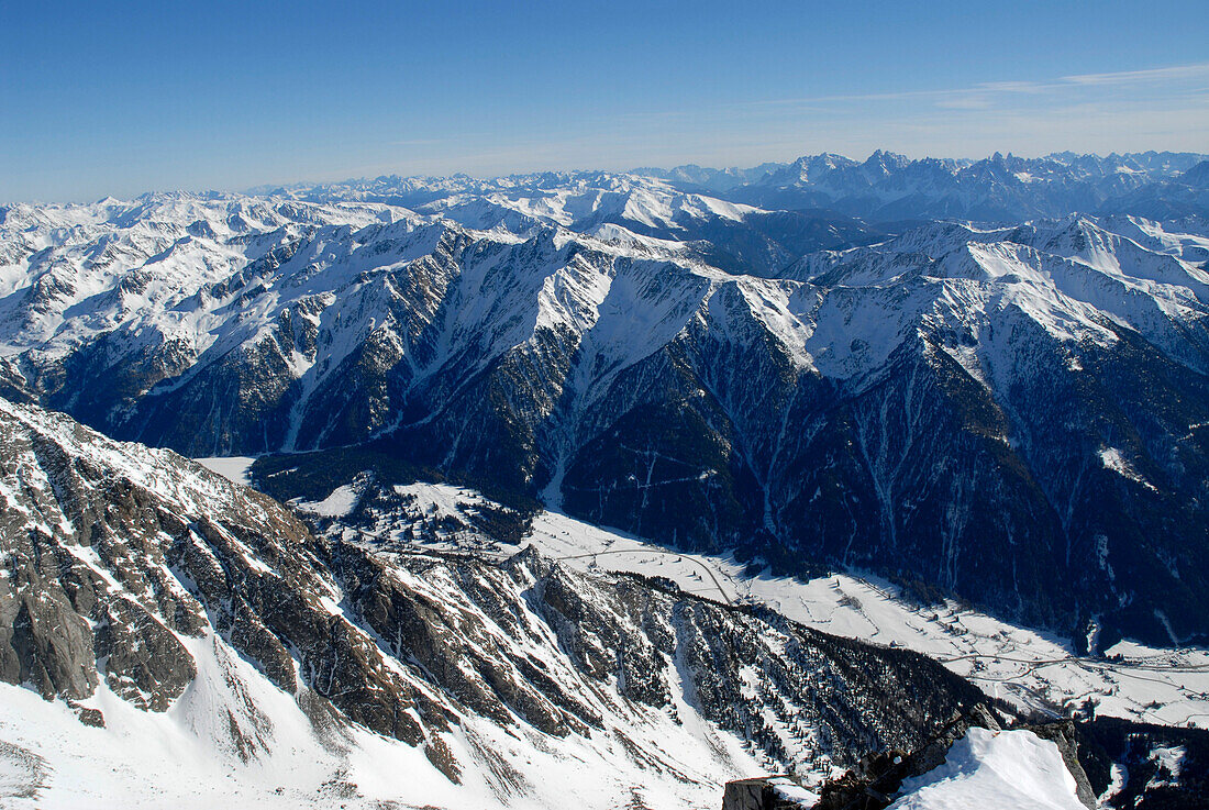 Mountain landscape in Winter, view into the valley, Antholz valley, Puster valley, South Tyrol, Italy