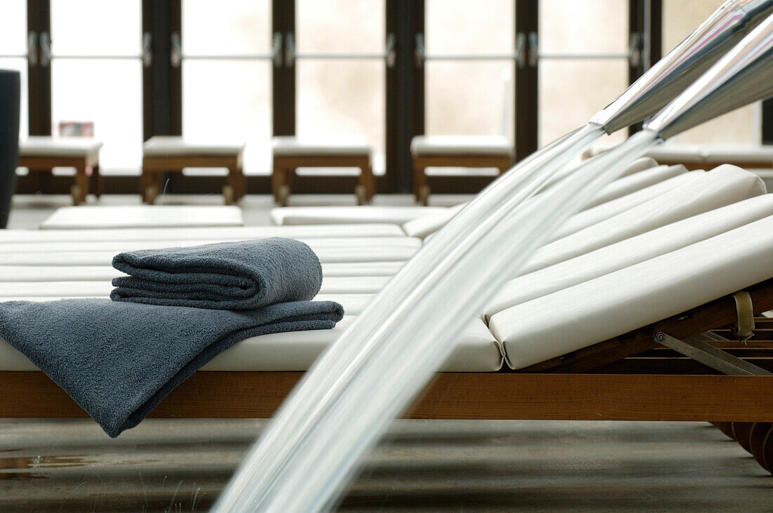Bathing towel on the edge of a sun lounger, Therme Meran, Thermal spa, Merano, South Tyrol, Italy