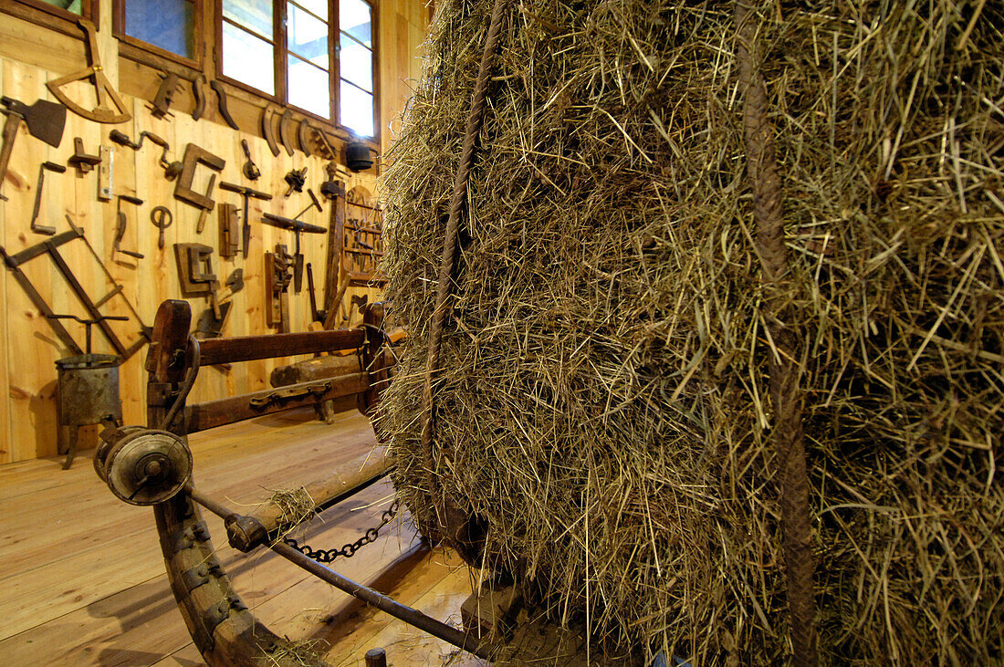 Sledge for transporting hay, Local history museum in Tschoetscherhof, St. Oswald, Kastelruth, Castelrotto, South Tyrol, Italy