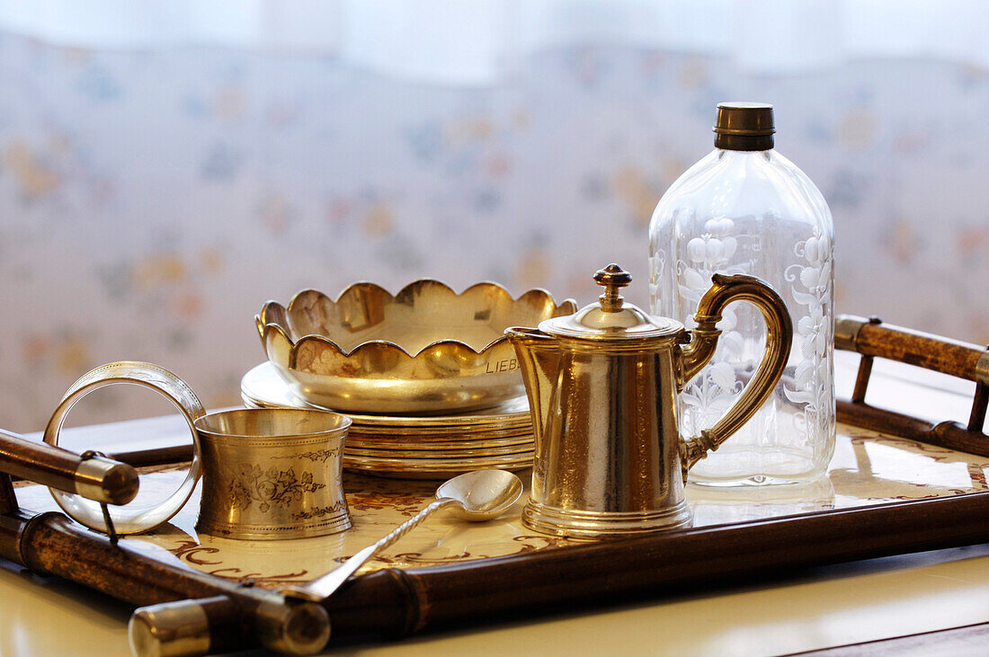 Tray with silverware and bottle, Villa Hermes, Seis am Schlern, South Tyrol, Italy
