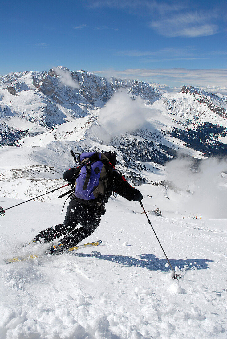 Person on a ski tour descending the mountain, Mountain landscape, Seiser Alp, Durontal, Molignon, Saltria, South Tyrol, Italy