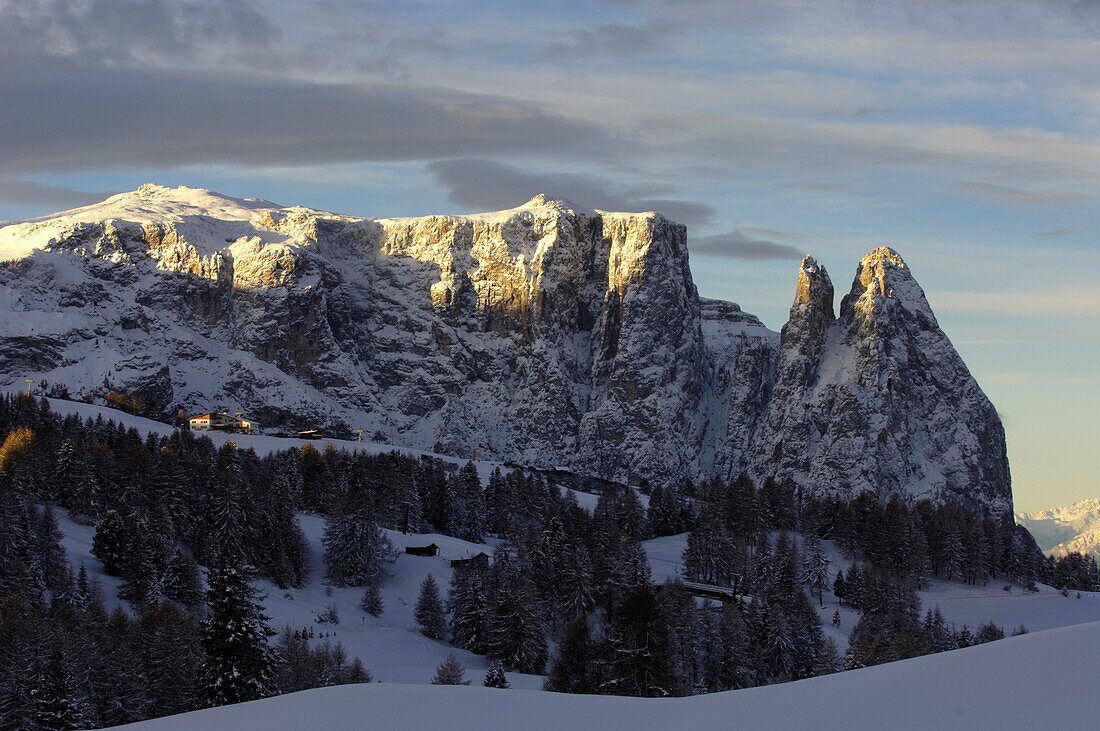 Mountain landscape in Winter, Seiser Alp with Santner summit, Schlern Mountain Range, South Tyrol, Italy
