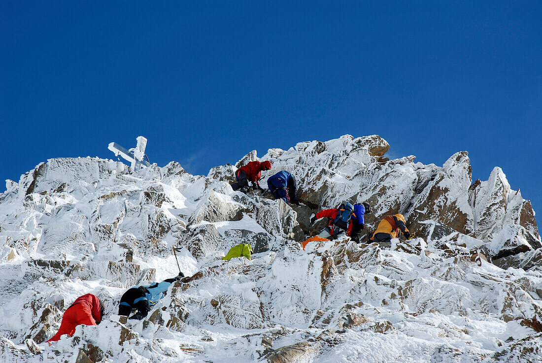 Mountaineers climbing to the summit, Mountain landscape, Wildspitze, South Tyrol, Italy