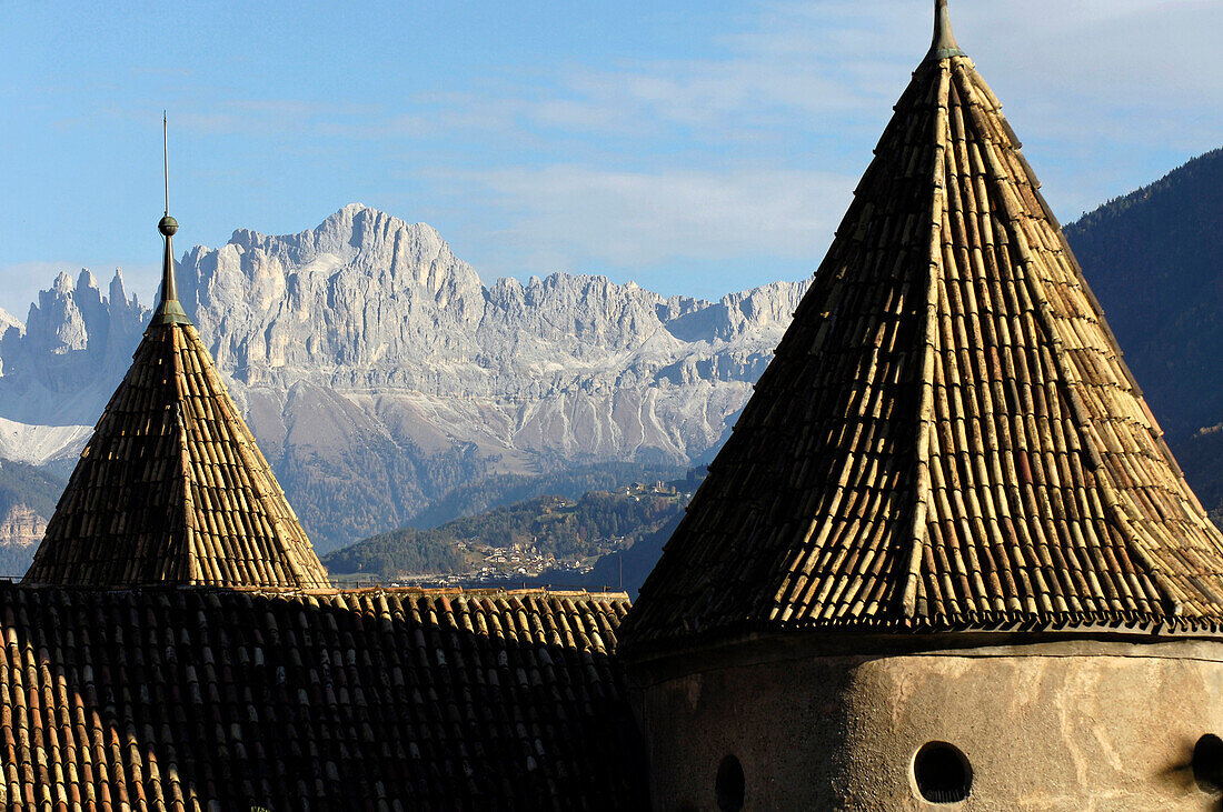 Maretsch castle, Rosengarten mountain range in the background, Bolzano, South Tirol, Italy