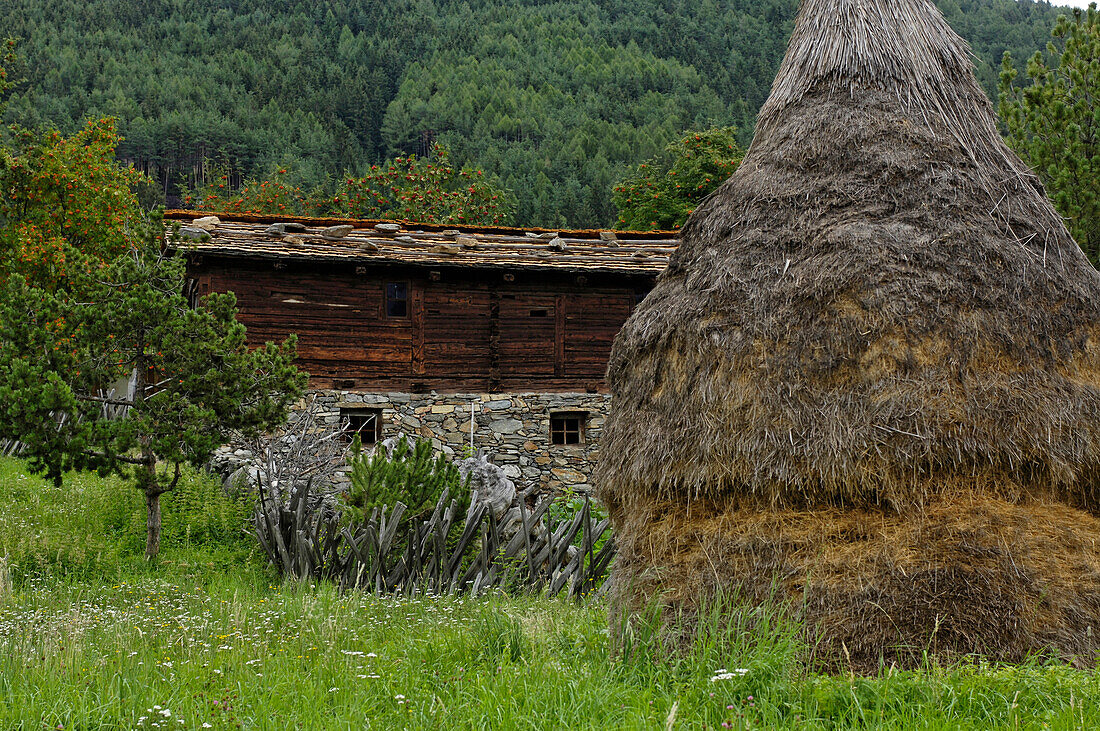 Bauernhaus mit Heuschober im Südtiroler Volkskundemuseum Dietenheim, Dietenheim, Pustertal, Südtirol, Italien