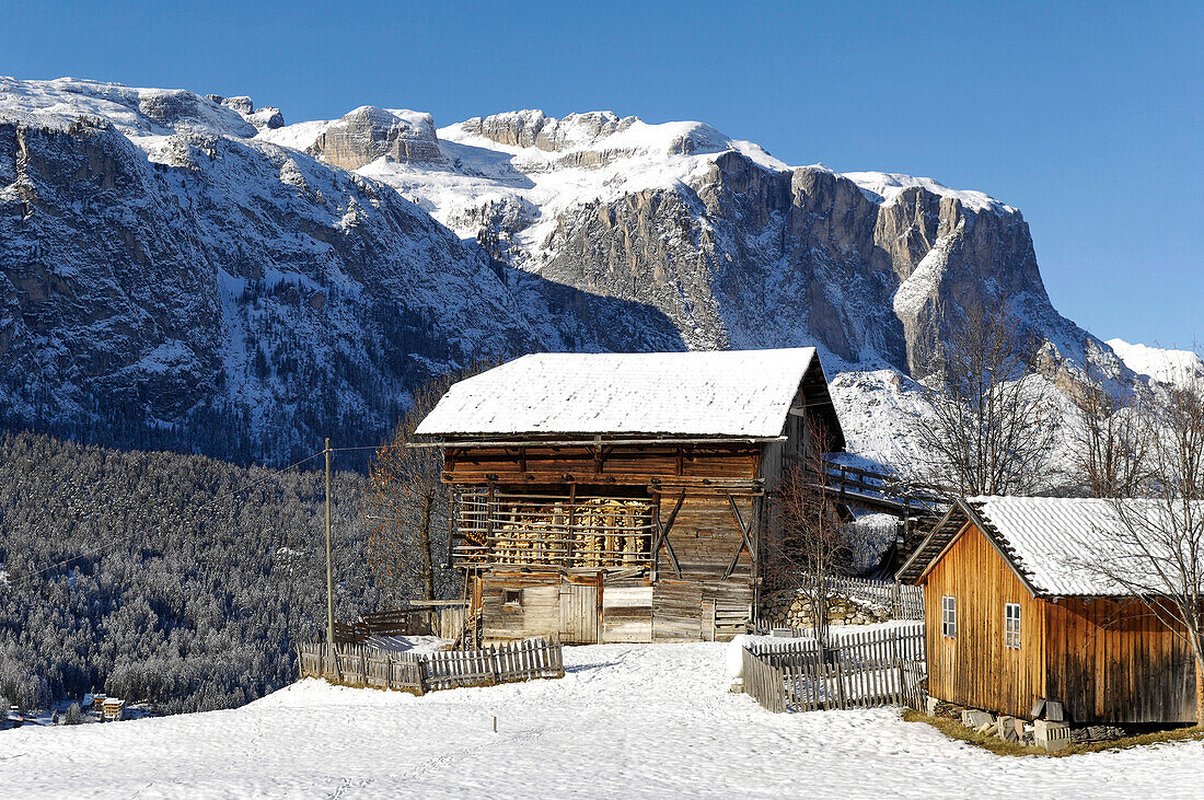 Bauernhaus und Heustadel in Winterlandschaft mit Puezgruppe, Abtei, Val Badia, Ladinische Täler, Gadertal, Südtirol, Italien