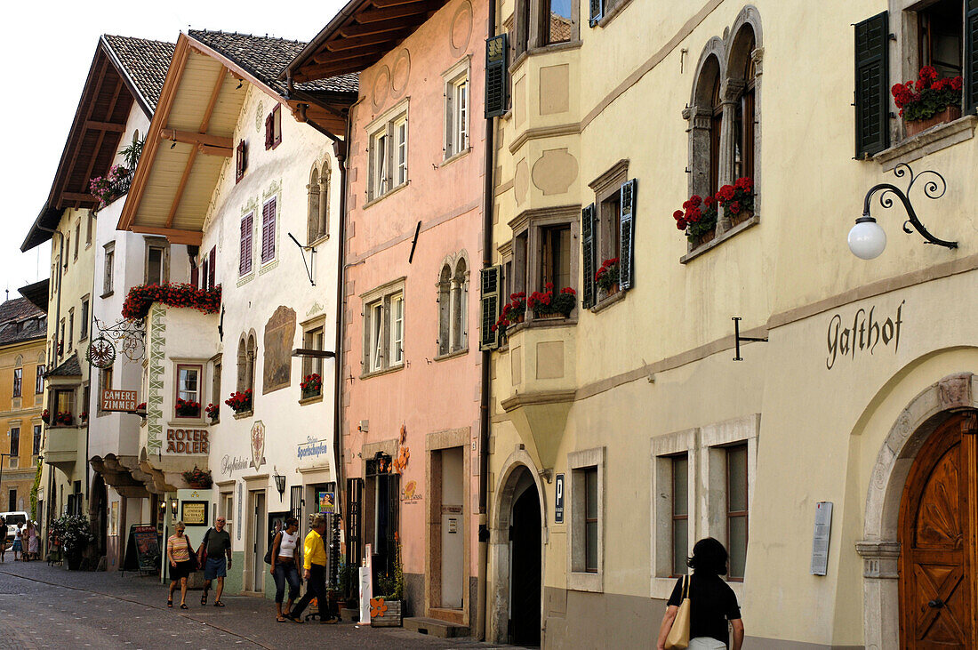 Houses and shops in the center of Caldaro, Kaltern an der Weinstrasse, Bolzano, South Tyrol, Italy