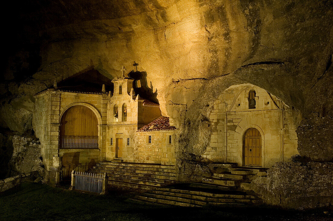 Entrance to Ojo Guareña caves at night. Burgos, Spain