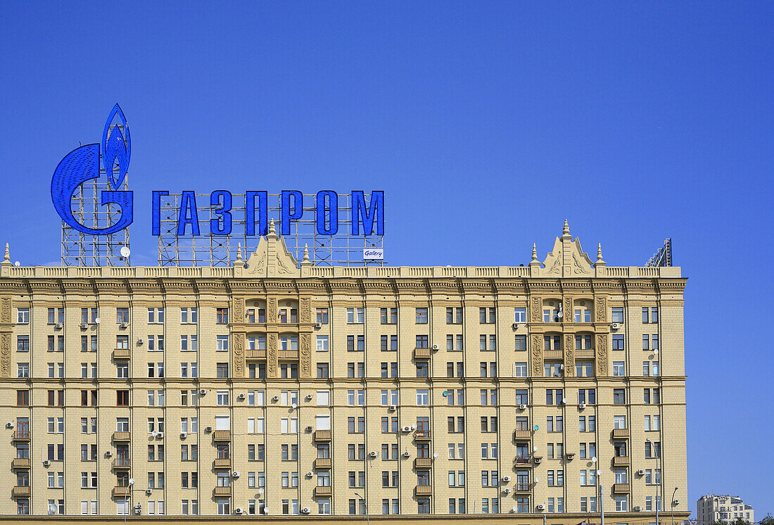 House with advertisement of Gasprom, view from Moskva river, Moscow, Russia