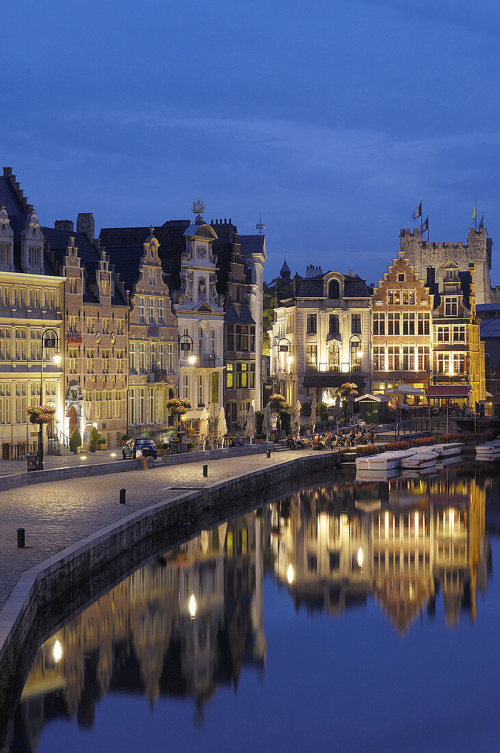 Guild Houses & Leie River at Dusk. Ghent. Belgium.