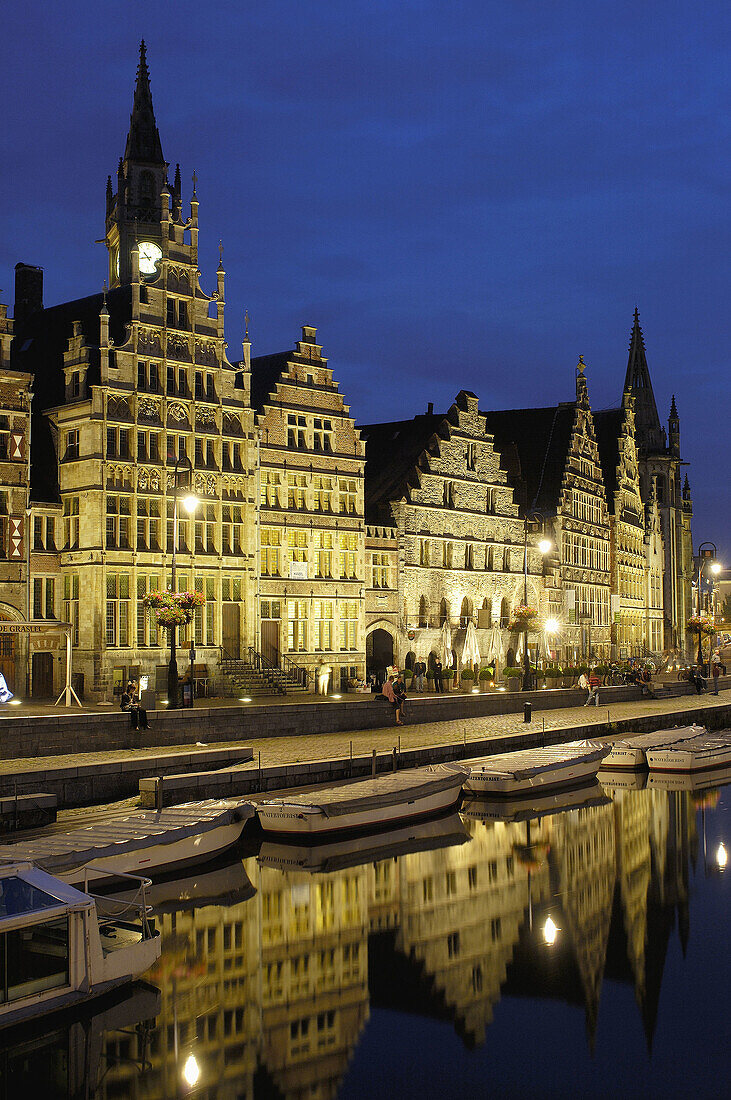 Guild Houses & Leie River at Dusk. Ghent. Belgium.