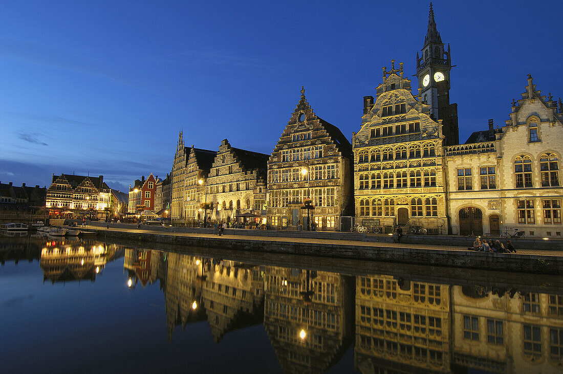 Guild Houses & Leie River at Dusk. Ghent. Belgium.