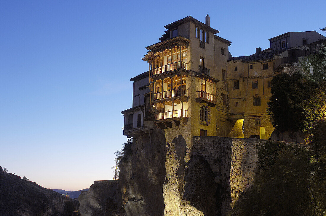 The Hanging Houses at dusk. Cuenca (World Heritage). Castilla_La Mancha. Spain