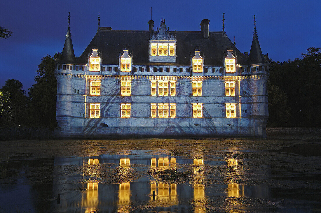 Azay- le-Rideau chateau. Son et lumière show at Castle of Azay-le-Rideau, built from 1518 to 1527 by Gilles Berthelot in Renaissance style. Loire Valley. Indre et Loire province. France