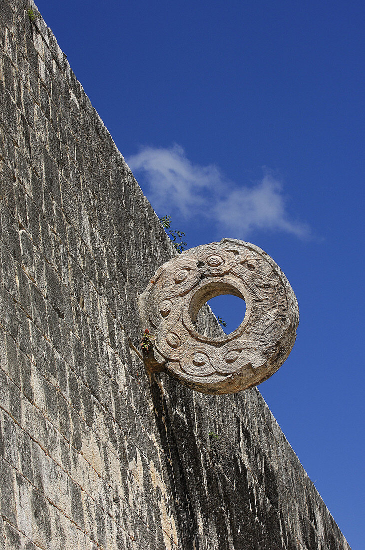 Goal at ball game court. Mayan ruins of Chichen Itza. Mayan Riviera. Yucatan Peninsula. Mexico