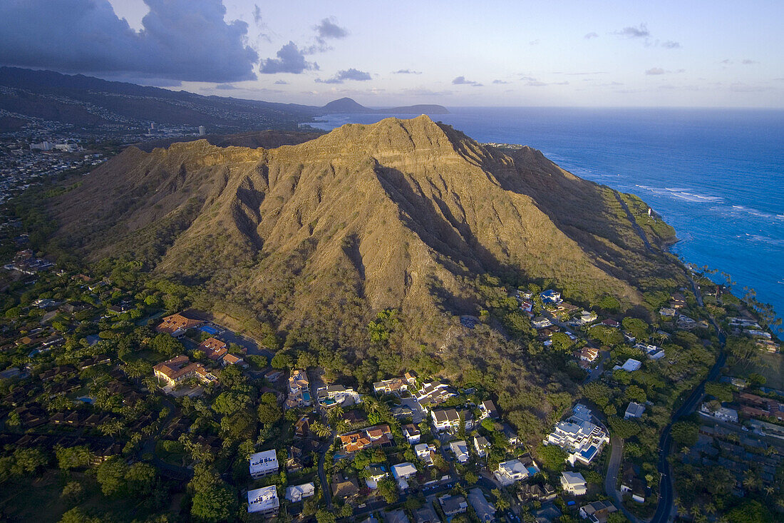 Aerial view of Diamond Head (mountain) off Waikiki Beach, Honolulu, Oahu, Hawaii, USA