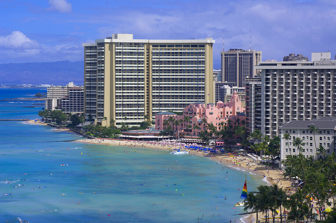 Overview of Waikiki Beach (Royal Hawaiian Hotel and Sheraton Waikiki in back), Honolulu, Oahu, Hawaii, USA