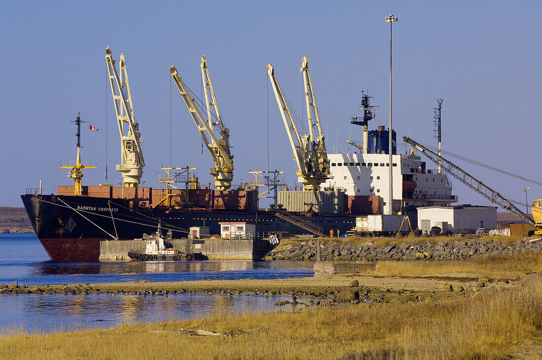 A Russian ship (Kapitan Sviridov) docked in the Port of Churchill, Churchill, Manitoba, Canada. It had carried fertilizer from Estonia and then loaded Canadian wheat to transport to Italy.