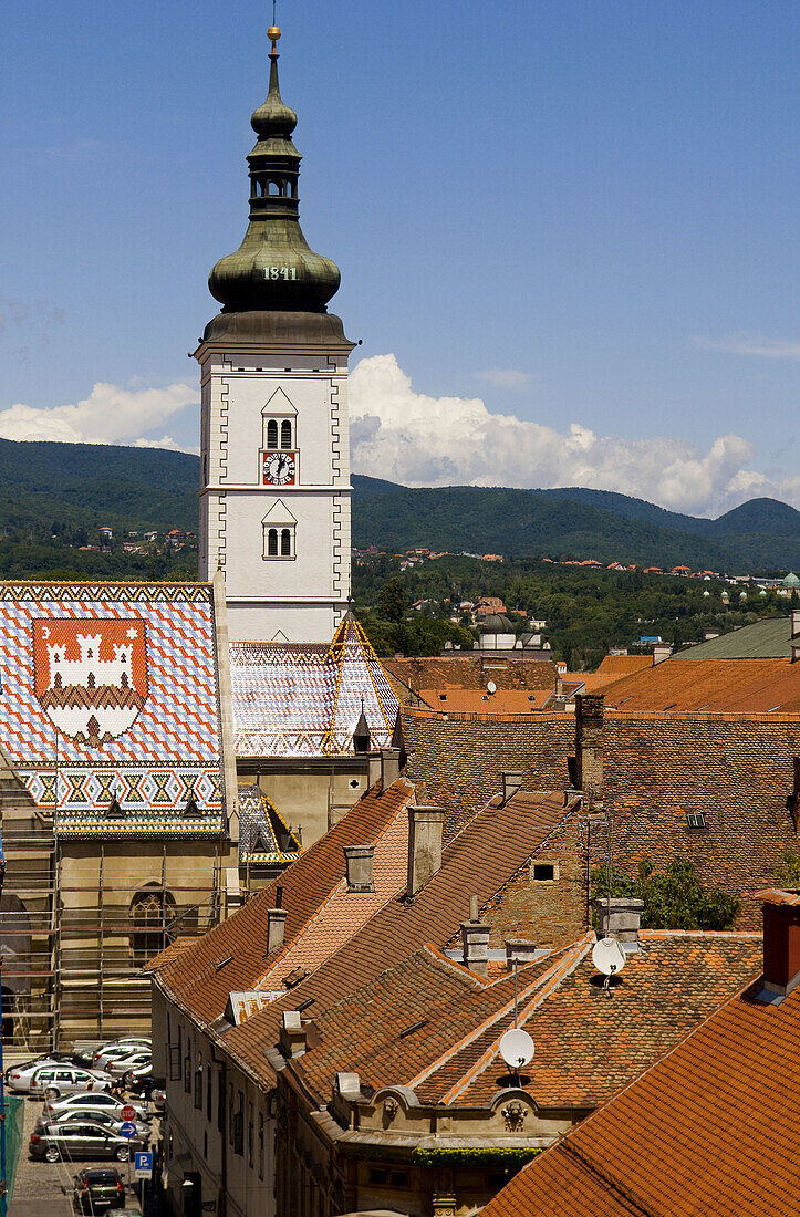 View over Gorni Grad (Upper Town) towards the Church of St Mark, Markov Square, Zagreb, Croatia