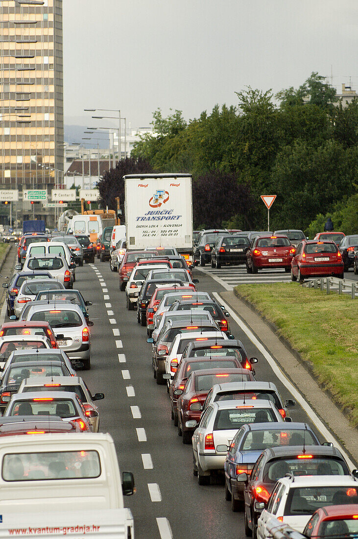 Rush hourtraffic on the outskirts of Zagreb, Croatia