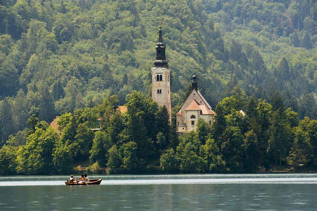 Lake Bled and St Mary's Church of the Assumption, Slovenia, Balkans, Europe