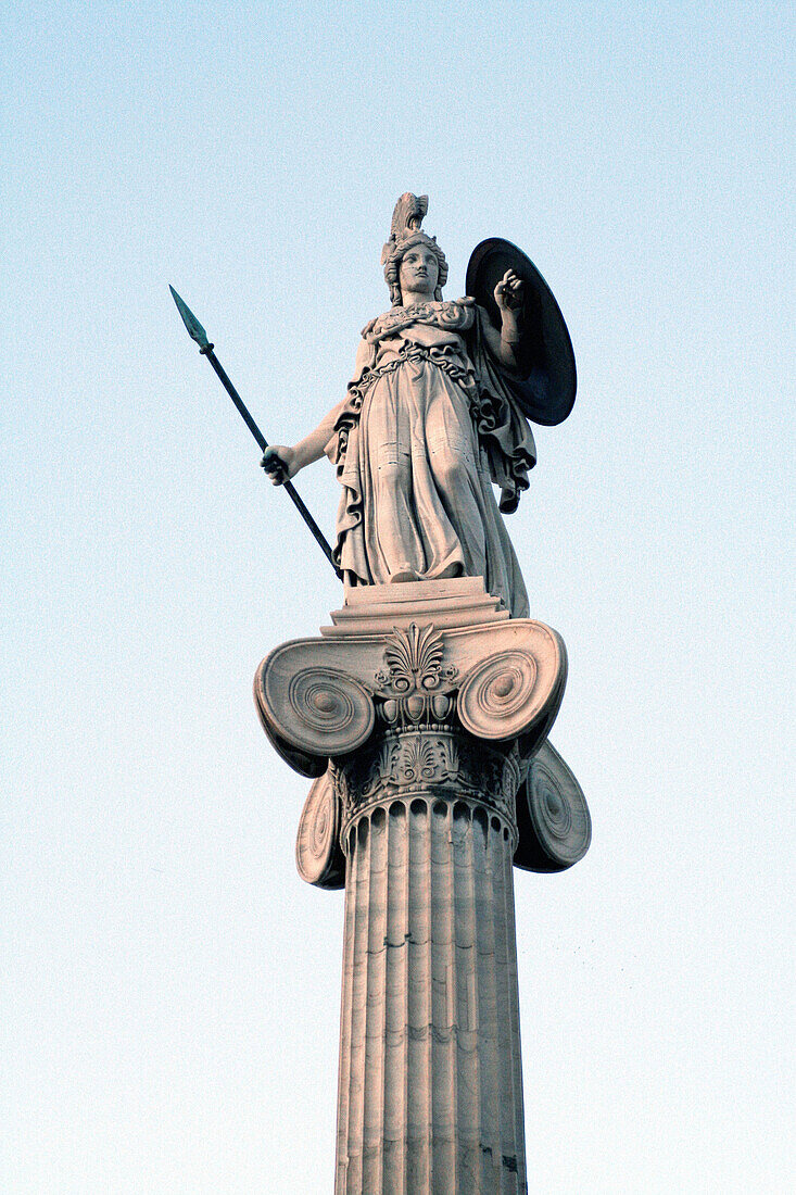 Sculpture of Athena on column in front of The Academy of Athens, by L. Drossis, Athens. Greece