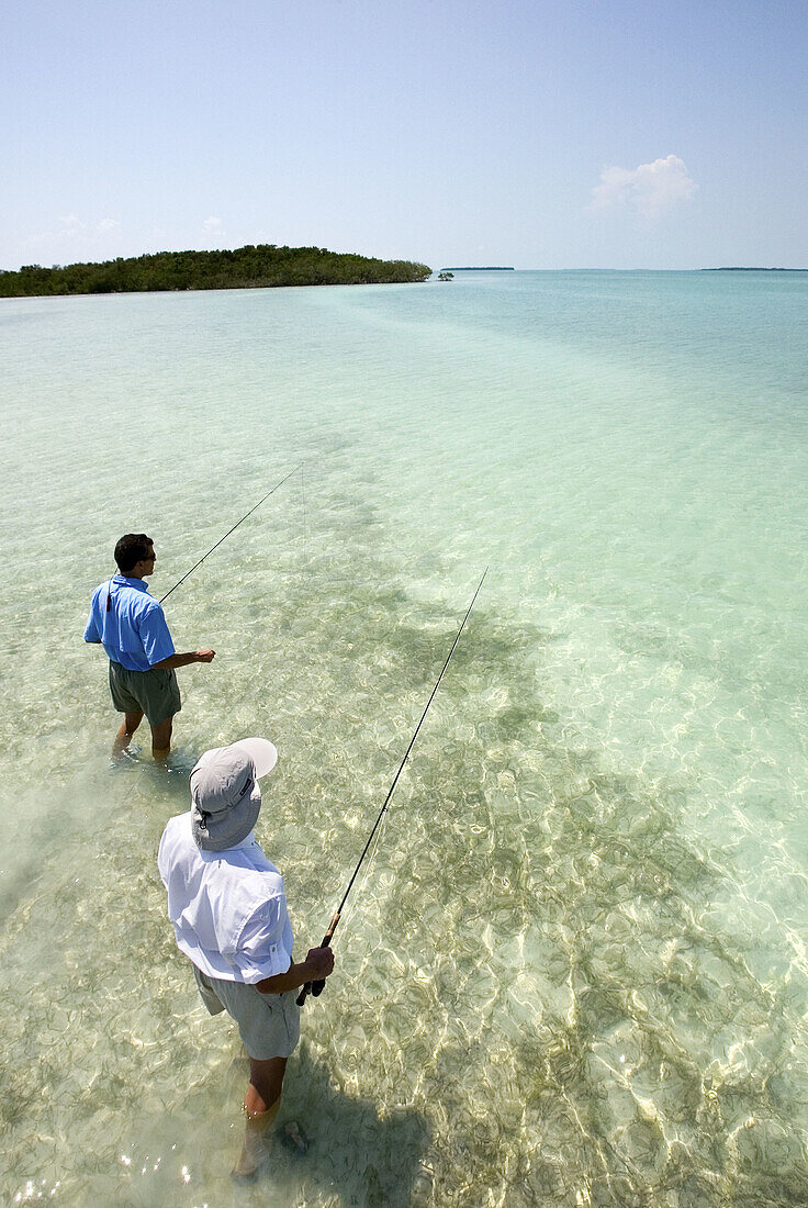 Two men flyfishing on a Grass flat in the Florida Keys.