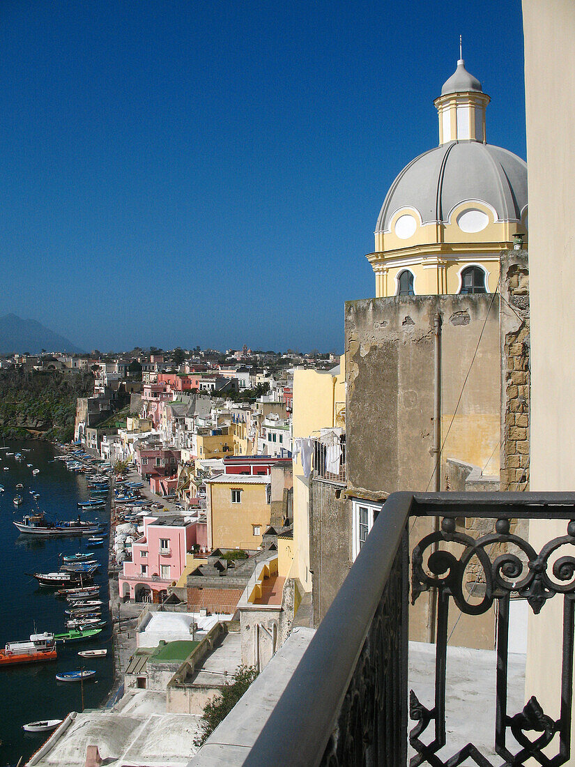 Santa Maria delle Grazie church & Ferry View. Corricella. Procida. Bay of Naples. Campania. Italy.