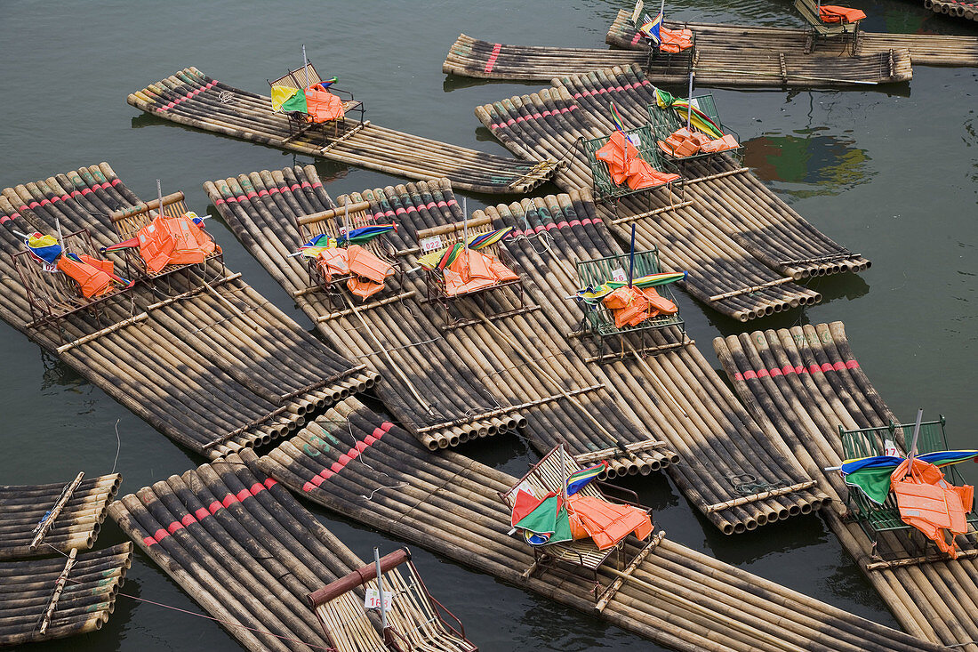 Collection of bamboo rafts on Yulong River, Guilin, China