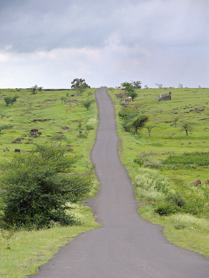 A straight road with grass and small bushes on both sides, during monsoon is going towards a village. Saswad, Maharashtra, India.