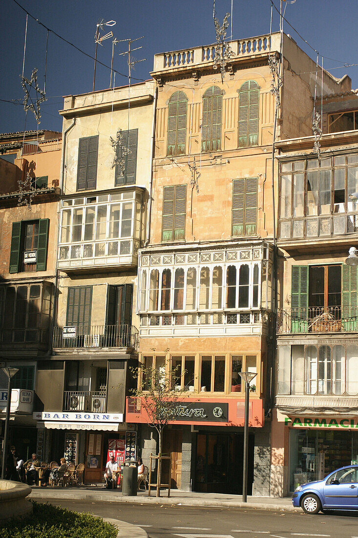 Buildings in the Plaza de la Reina, city centre of Palma de Mallorca, Balearic islands, Mediterranean Sea. Spain.