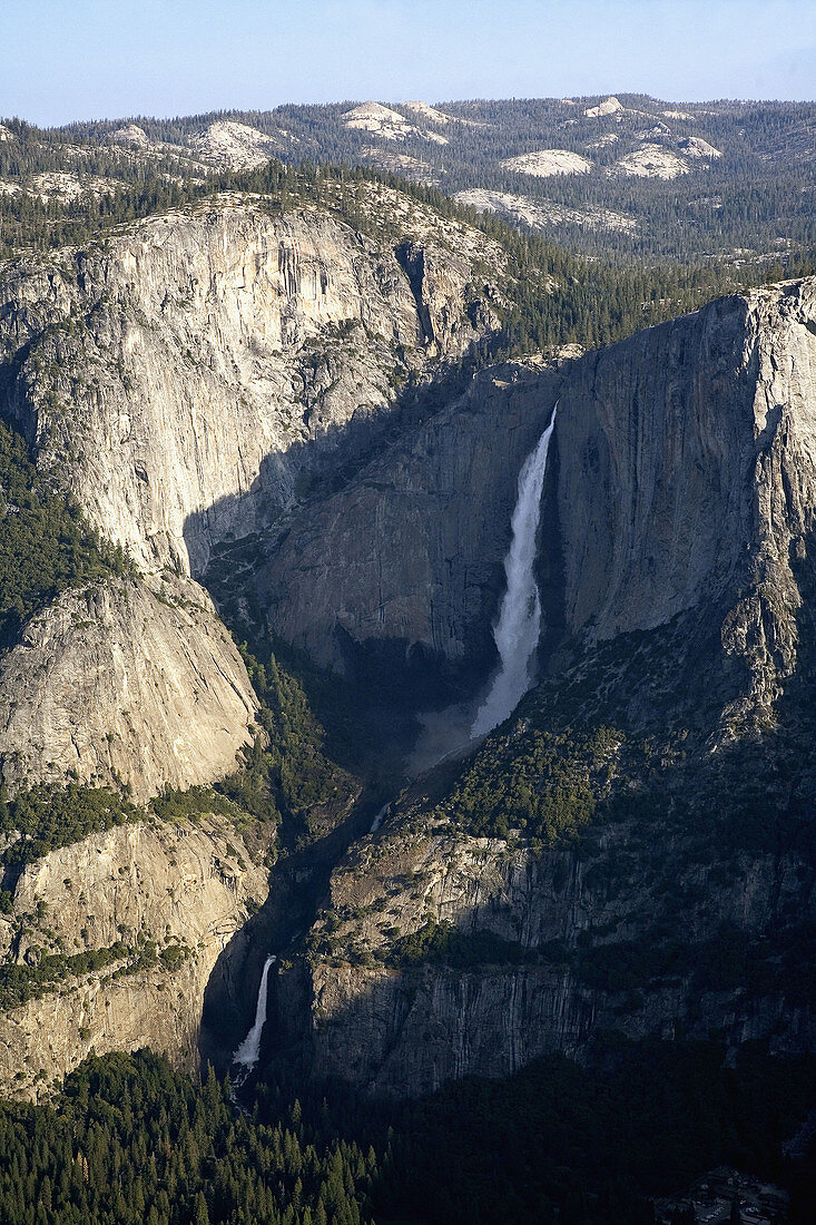 The upper and lower falls of Yosemite falls in early morning at YosemiteNational Park in California, USA. The Upper Fall is the tallest in North America