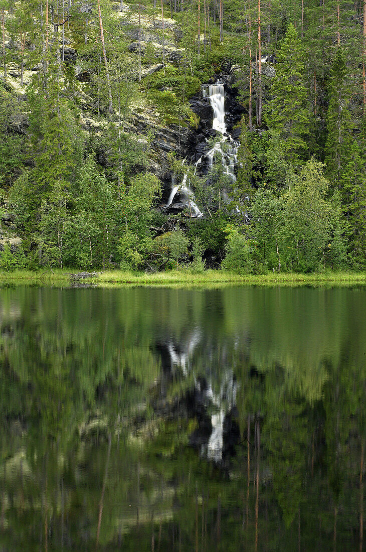 Lake waterfall at Sånfjällets national park. Härjedalen, Sweden