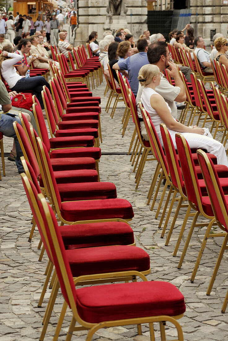Empty Row of Chairs, Open-air Rehearsal, Festival at Buda Castle, Budapest, Hungary, Europe