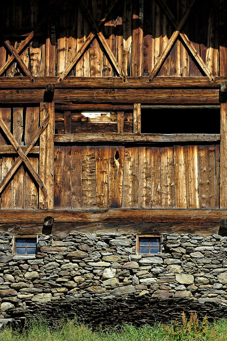 Detail of a farm house's barn, Schnals valley, Val Venosta, South Tyrol, Italy, Europe