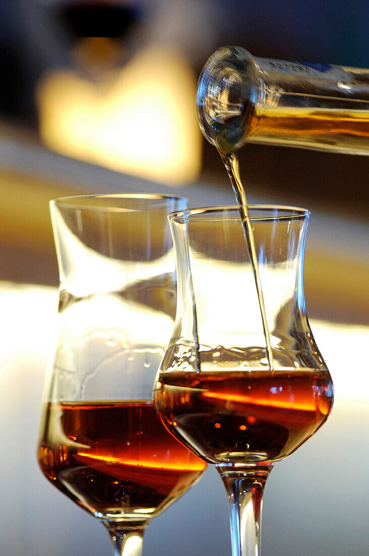 Two glasses of liqueur, Hotel Bad Schörgau, Bad Schörgau, Valley Sarntal, South Tyrol, Italy, Europe