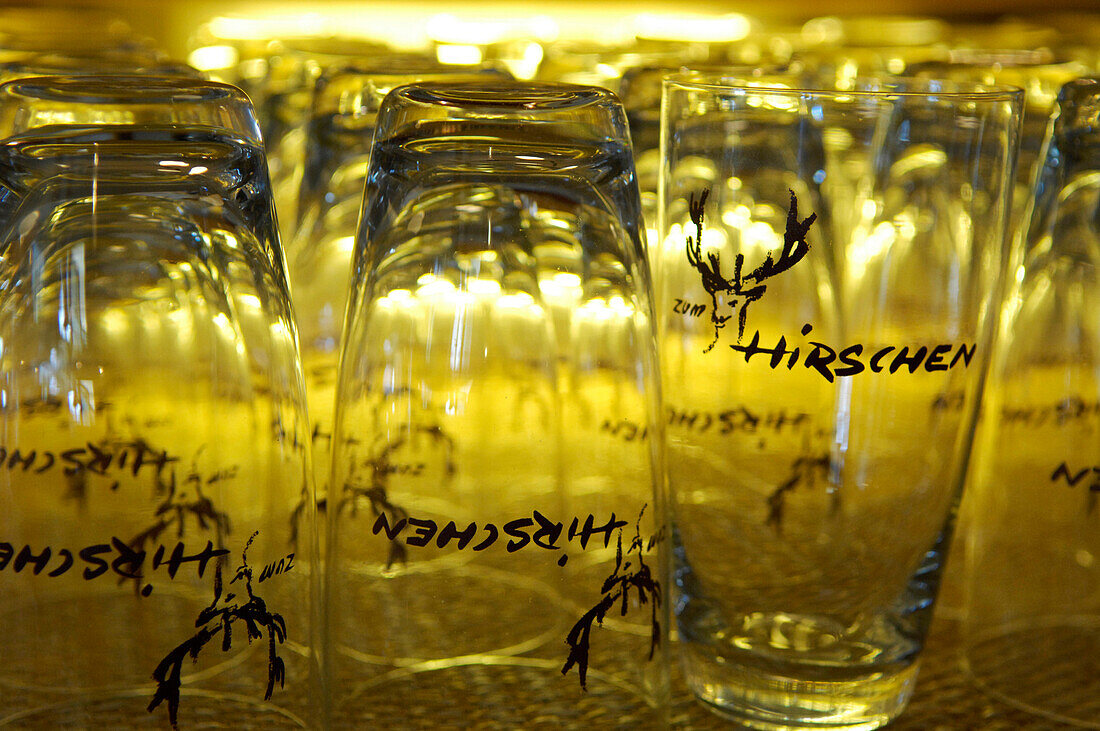 Water glasses with emblem, Restaurant Zum Hirschen, Vilpian, South Tyrol, Italy, Europe