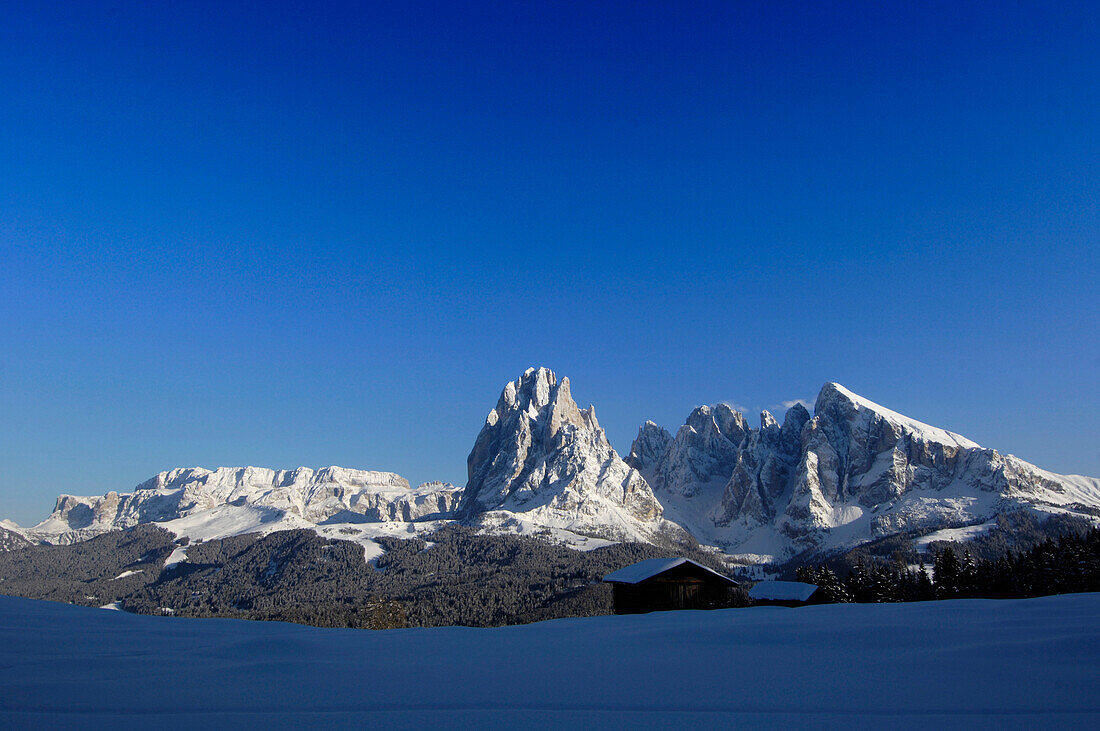 Almhütte und verschneite Berge unter blauem Himmel, Seiser Alm, Eisacktal, Südtirol, Italien, Europa