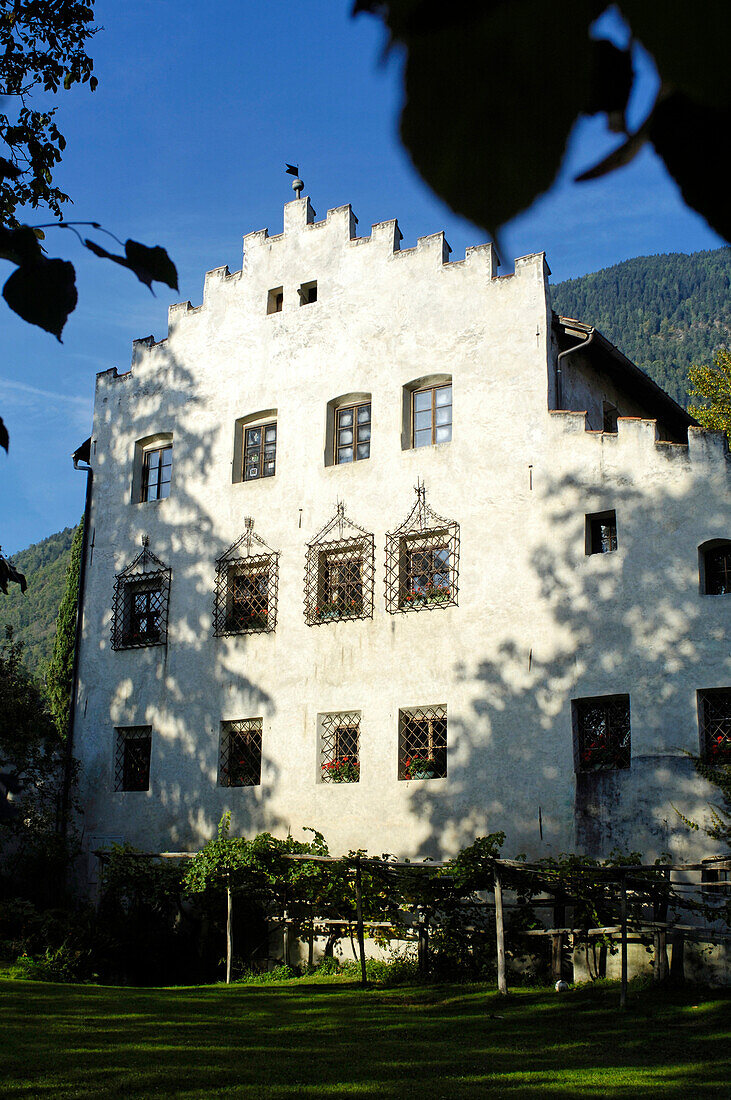 Altes Haus auf Weingut Kränzel im Sonnenlicht, Burggrafenamt, Etschtal, Vinschgau, Südtirol, Italien, Europa