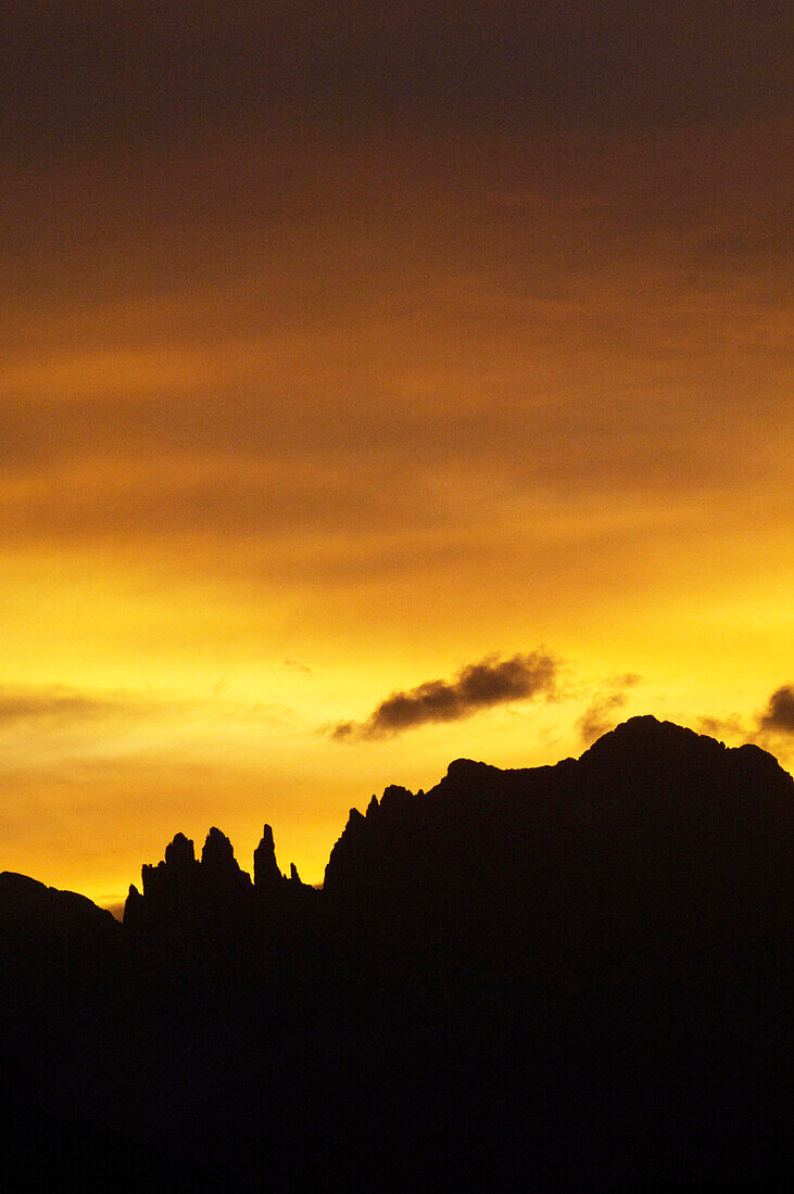 Silhouette der Vajolettürme bei Sonnenaufgang, Rosengarten, Dolomiten, Südtirol, Italien