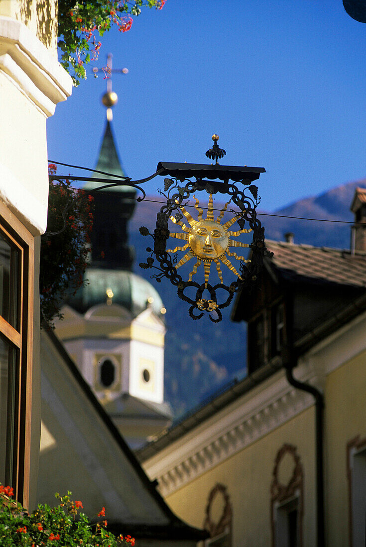 Guest house Sonne with sign, Cathedral of Brixen in the background, Brixen, South Tyrol, Italy