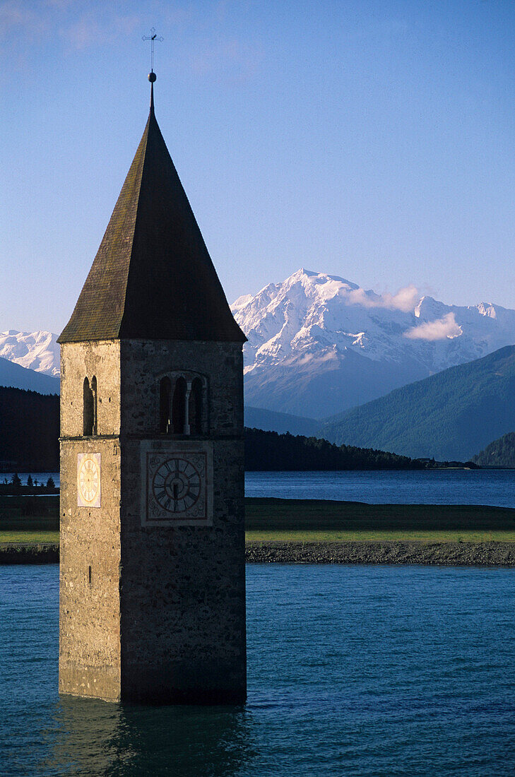 Lake Resia with bell tower, Graun im Vinschgau, Bolzano, South Tyrol, Italy