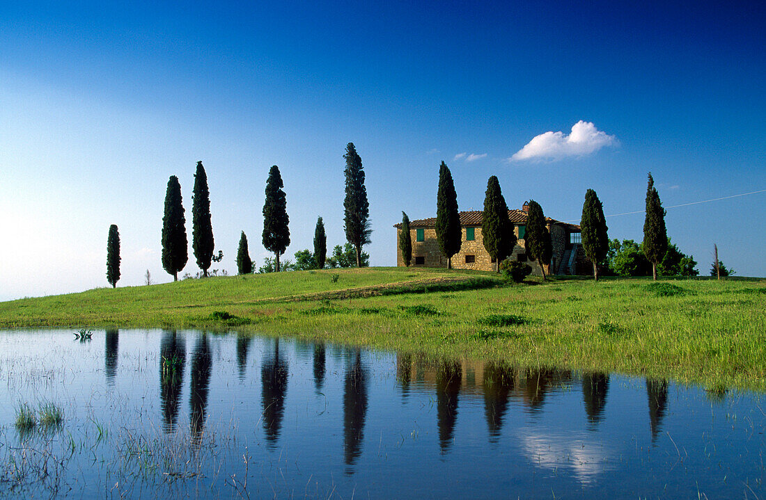 Afloated meadow and country house with cypresses, Val d'Orcia, Tuscany, Italy, Europe
