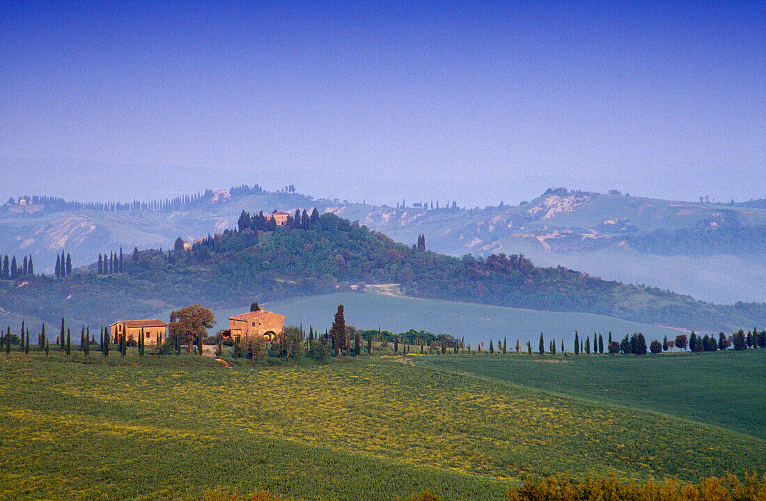 Hilly landscape with country houses under blue sky, Tuscany, Italy, Europe